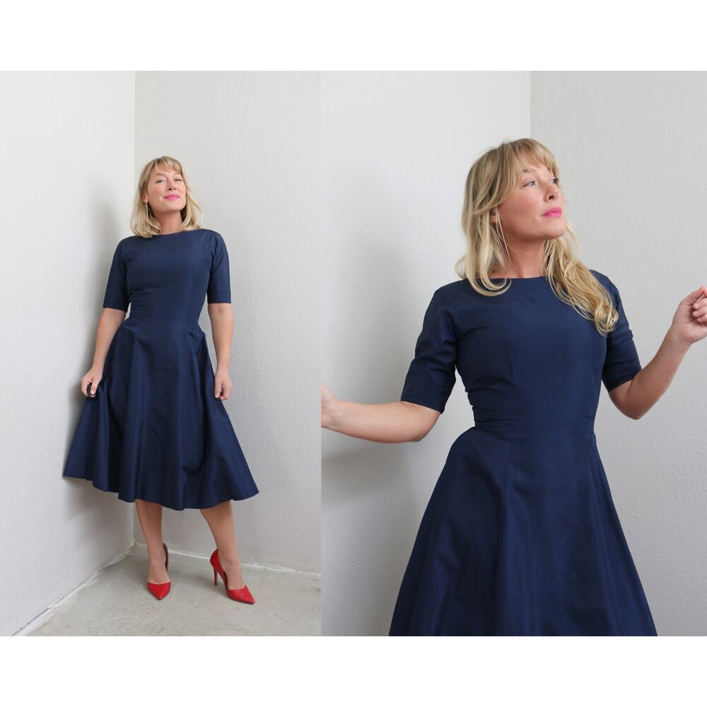 1950's Vintage Crisp Taffeta Navy Blue Party Evening Midi Dress ~ Women's XS SM